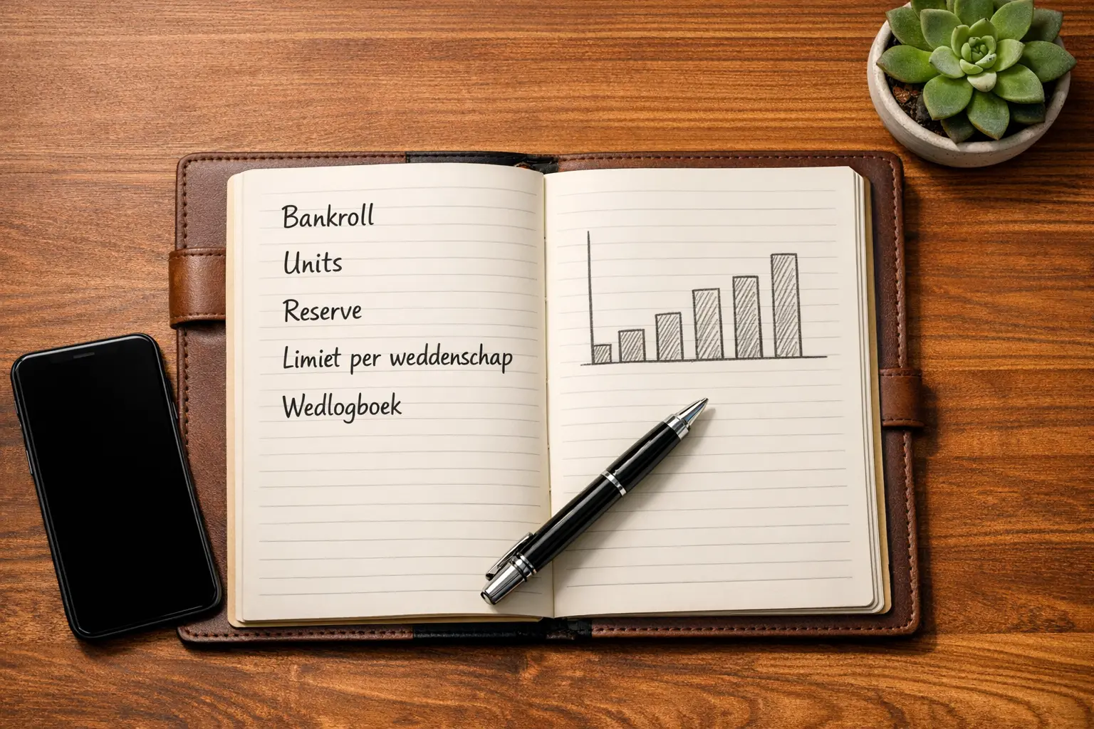 Notitieboek met budgetplanning en pen op houten bureau