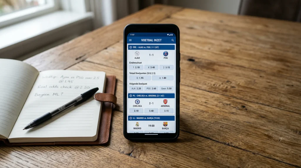Een beeld van een smartphone, een notitieboekje op een lijst