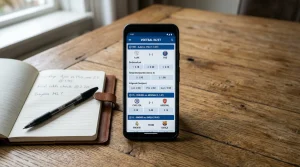 Een beeld van een smartphone, een notitieboekje op een lijst