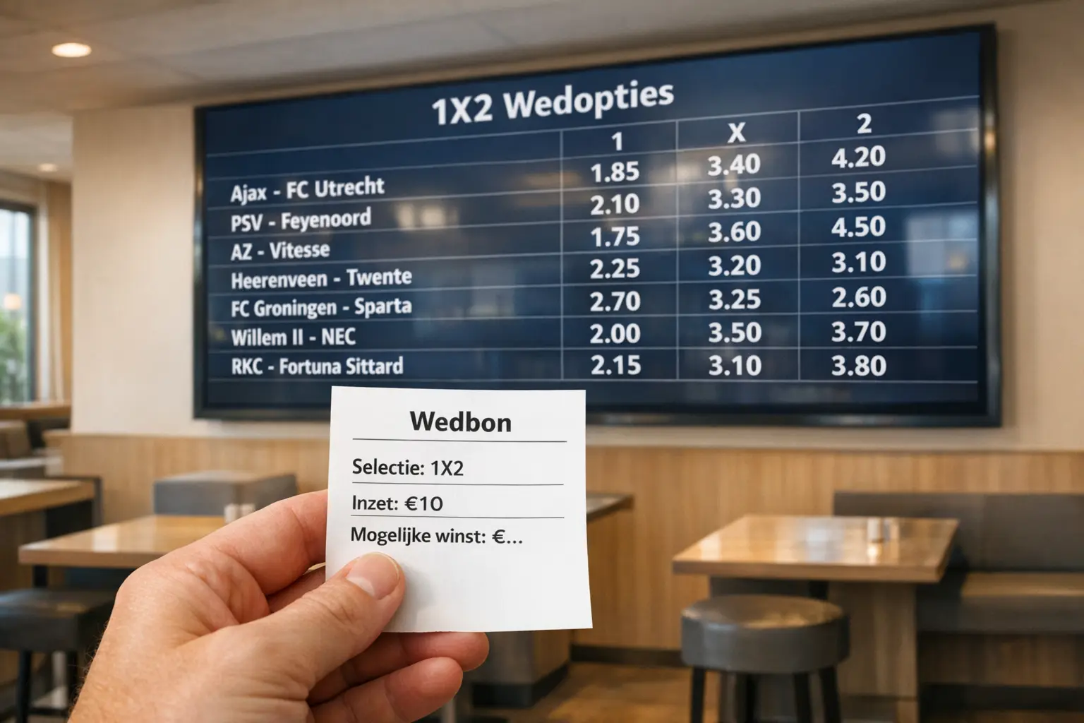 Voetbalveld met duidelijk zichtbare 1X2 wedopties op een bord