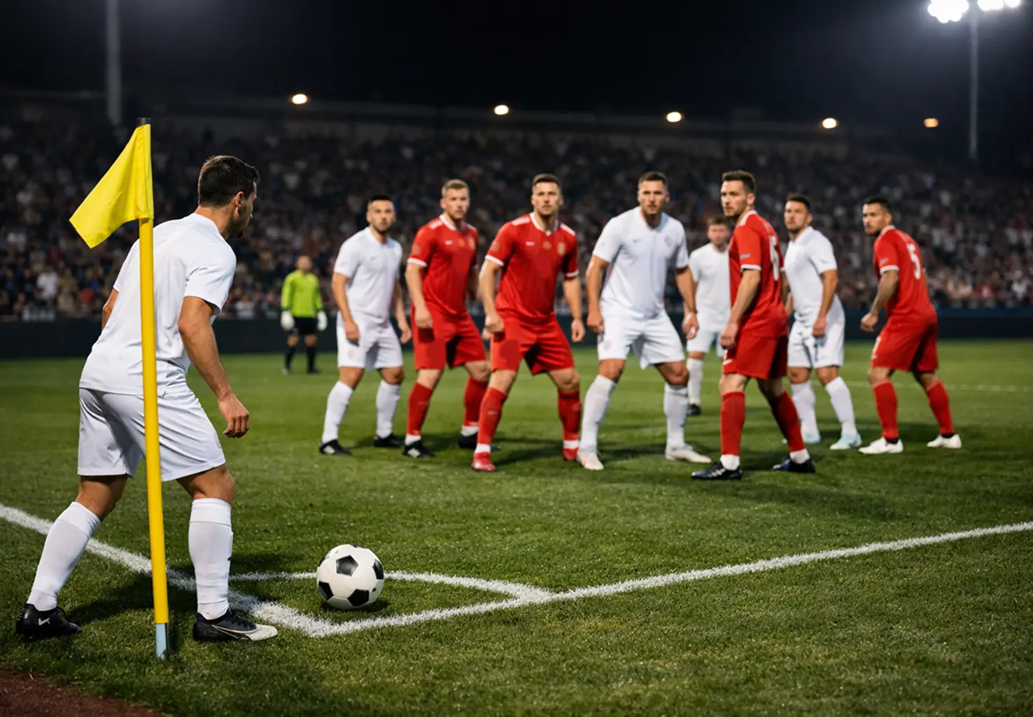 Cornerschop tijdens voetbalwedstrijd met spanning in het strafschopgebied