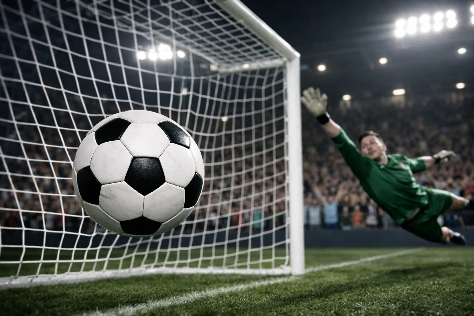 Voetbaldoelpunt moment met juichende supporters