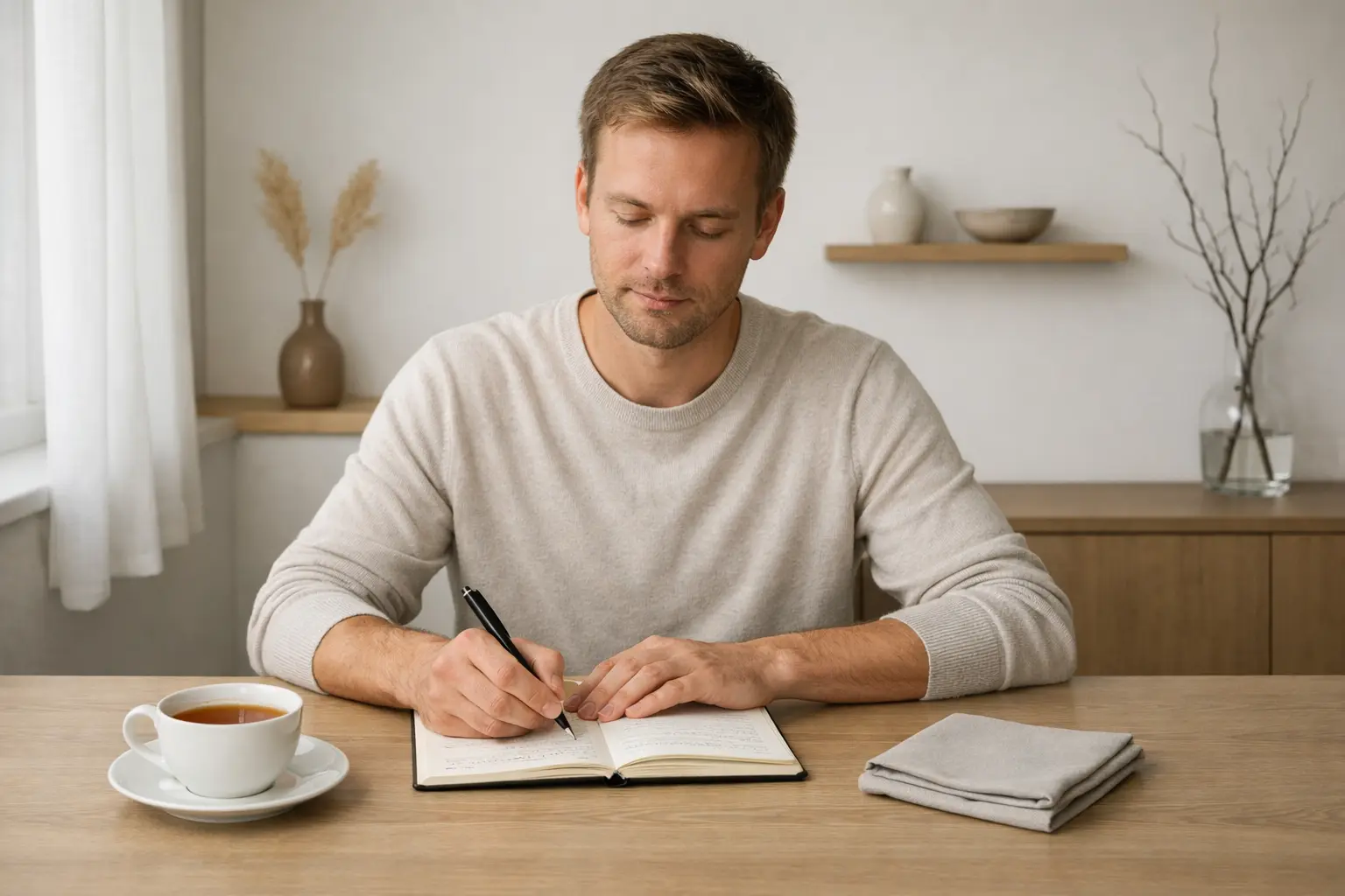 Rustige bettor maakt aantekeningen met beheerste concentratie