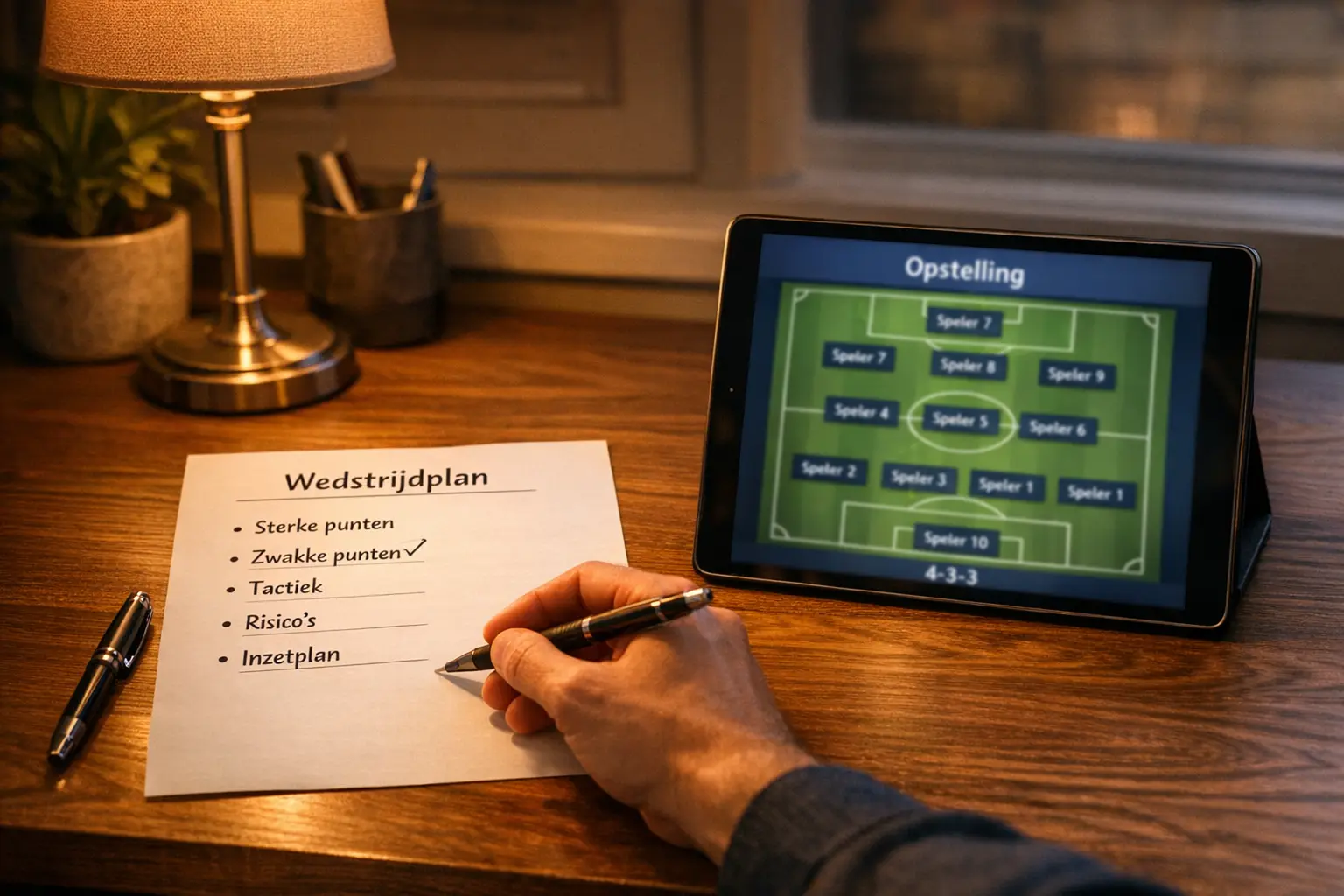 Strategische voetbalanalyse met notitieblok en wedstrijdgegevens