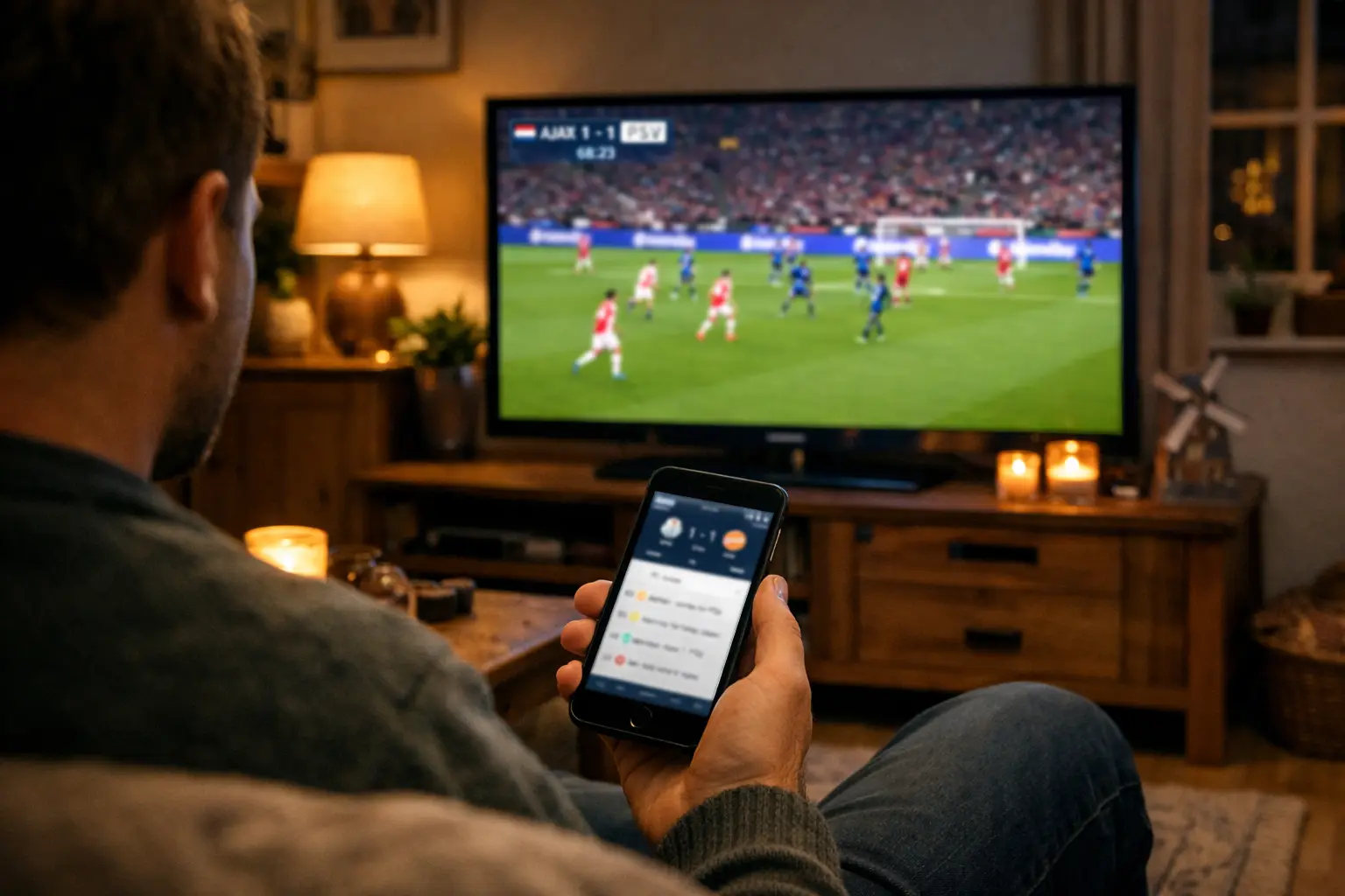 Persoon kijkt live voetbalwedstrijd met smartphone in hand