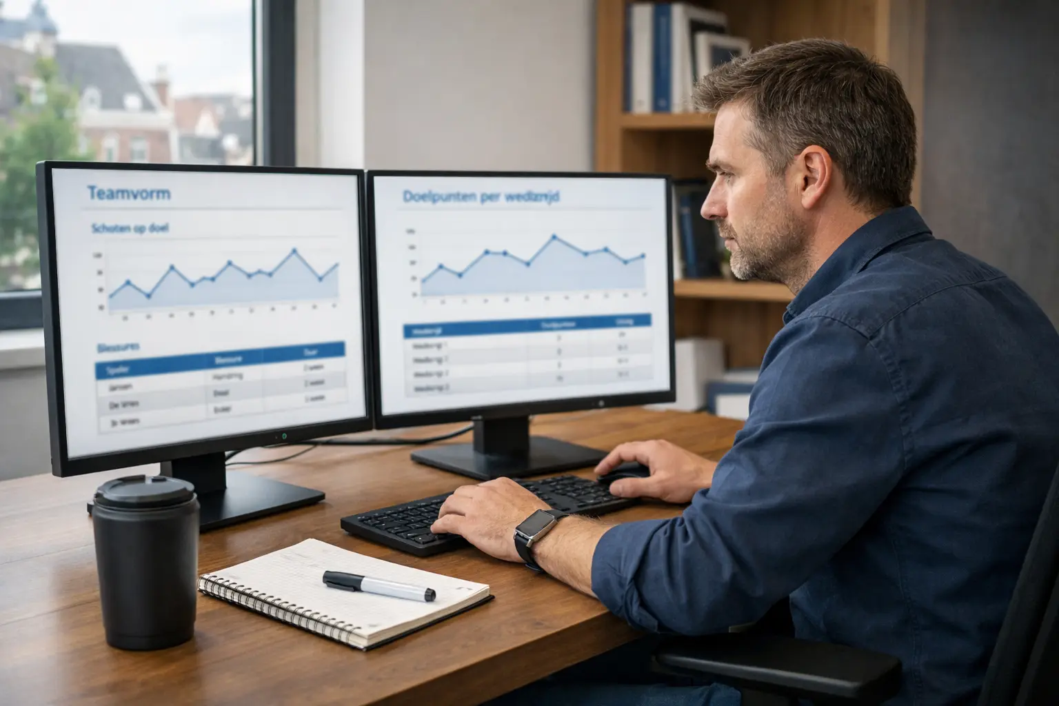 Analist bestudeert voetbalstatistieken op meerdere schermen