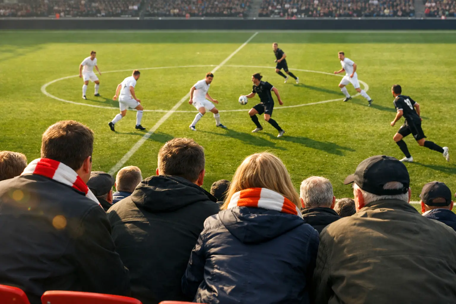 Voetbalsupporters kijken naar wedstrijd in stadion