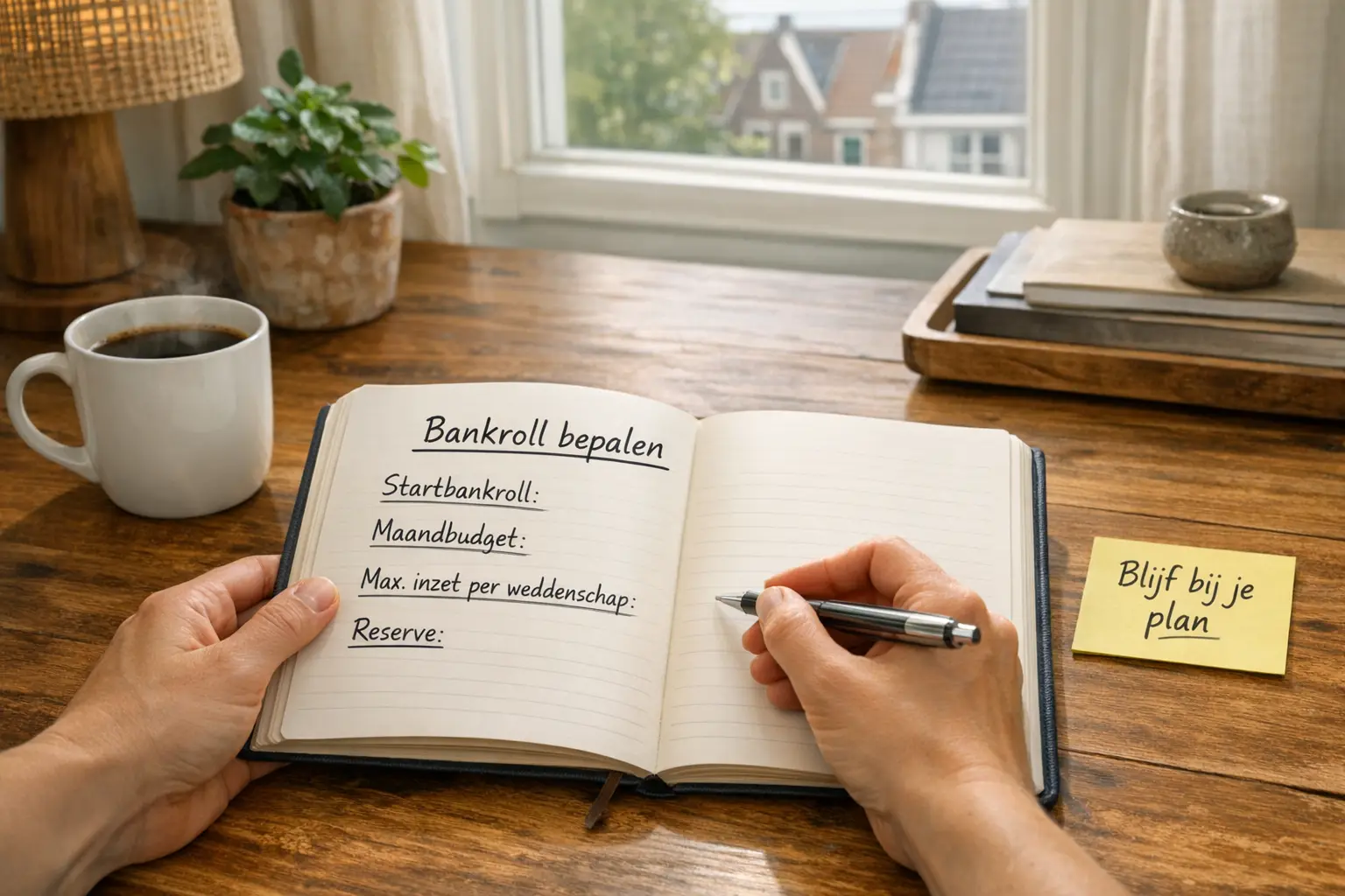 Persoon maakt financiële planning met notitieboek en pen
