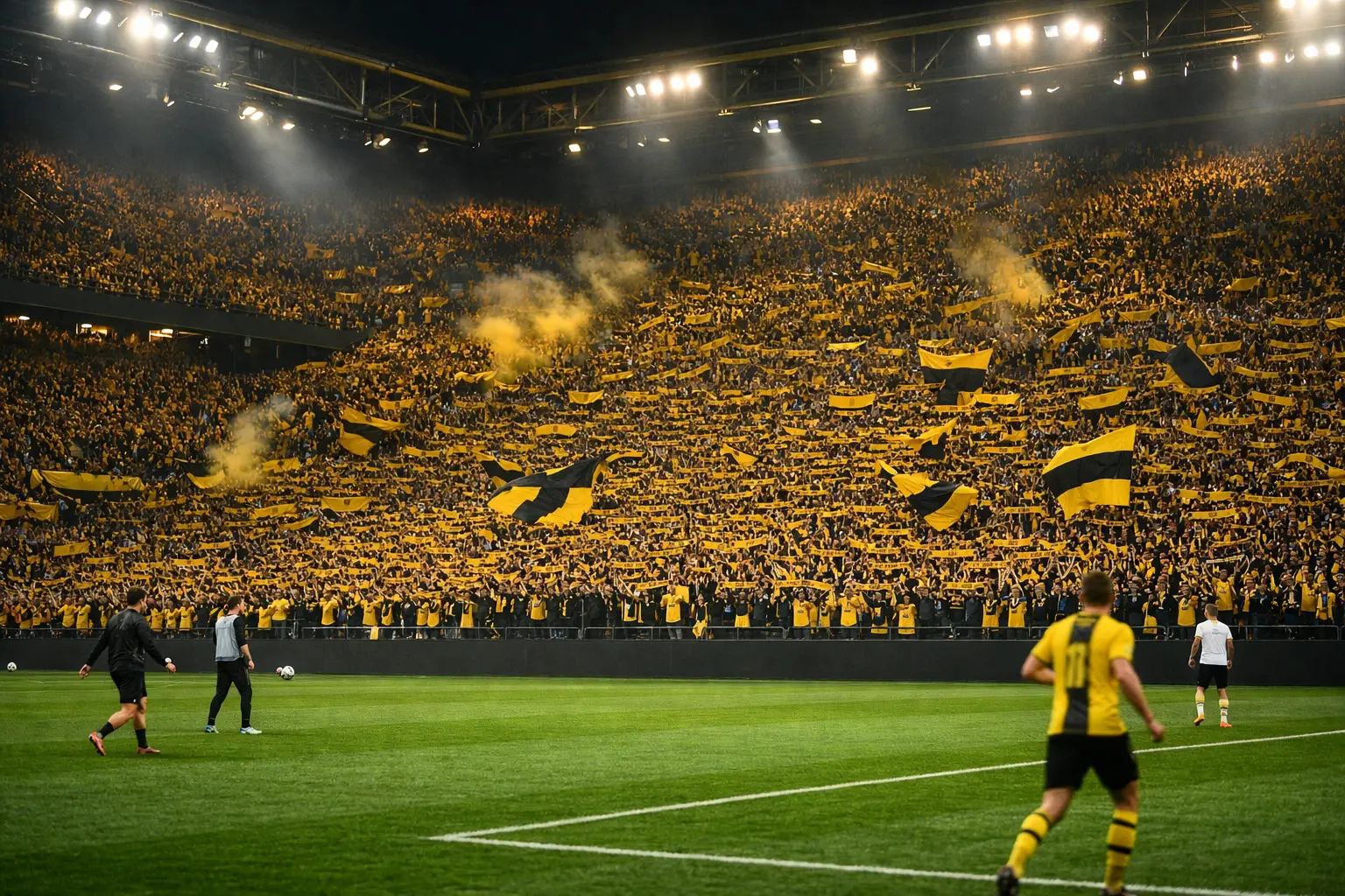 Voetbalstadion in Duitsland met geel en zwarte tribunes