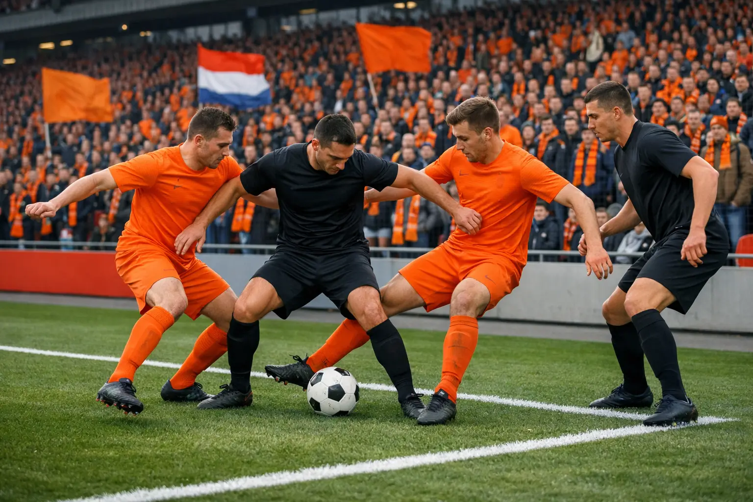 Voetbalwedstrijd in Nederlands stadion met oranje supporters