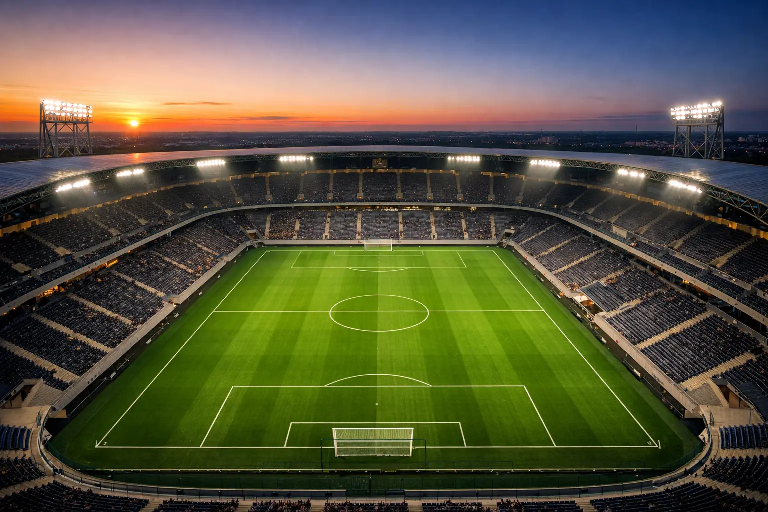 Voetbalstadion met groen grasveld en lichtmasten