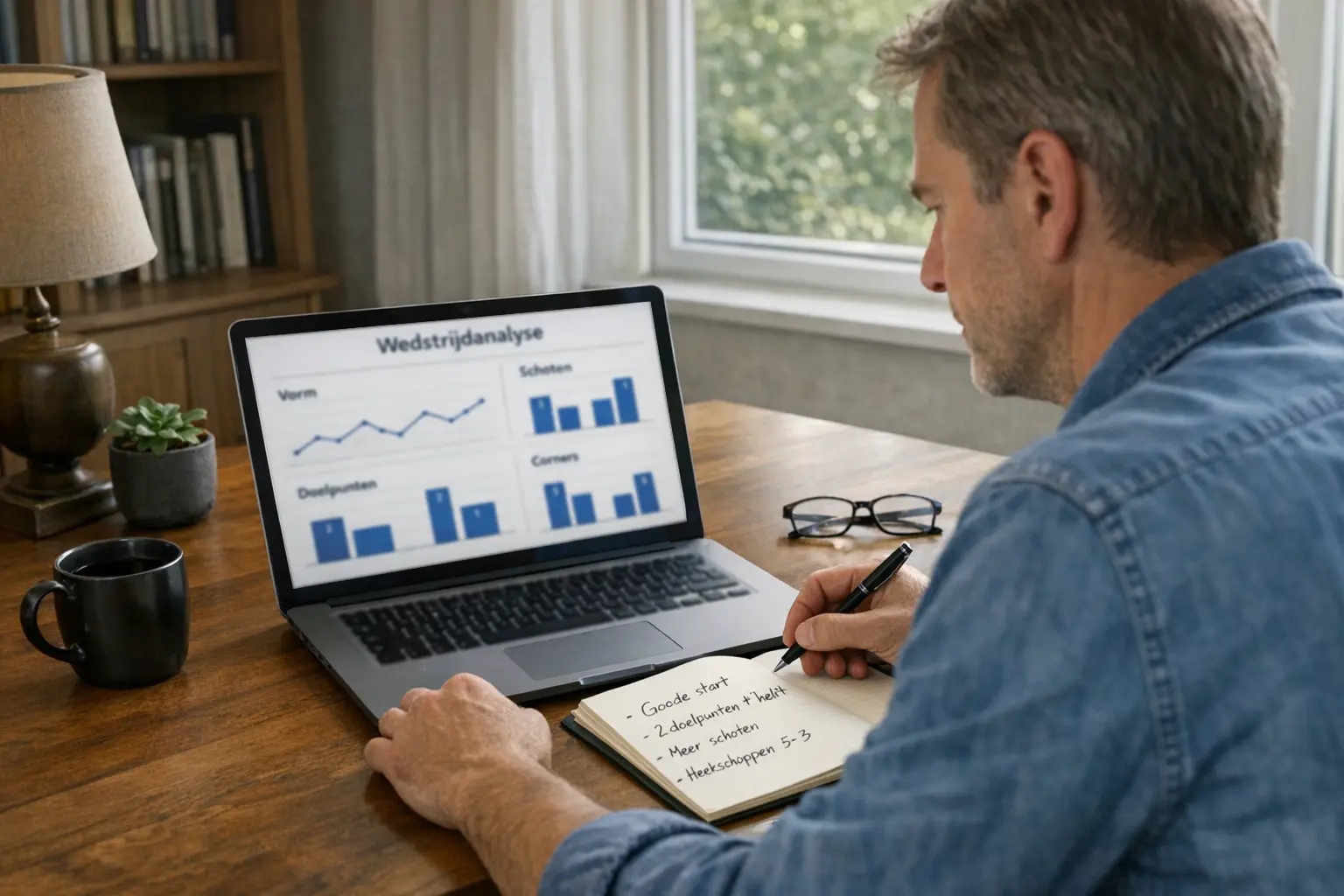 Persoon analyseert voetbalstatistieken op laptop