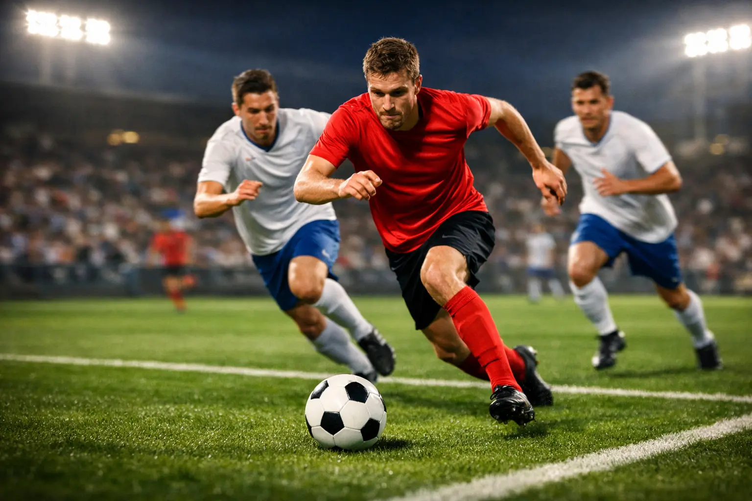 Voetbalwedstrijd in actie met spelers die bal najagen