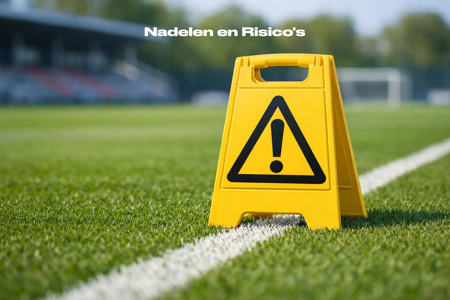 Waarschuwingsbord met uitroepteken op sportveld