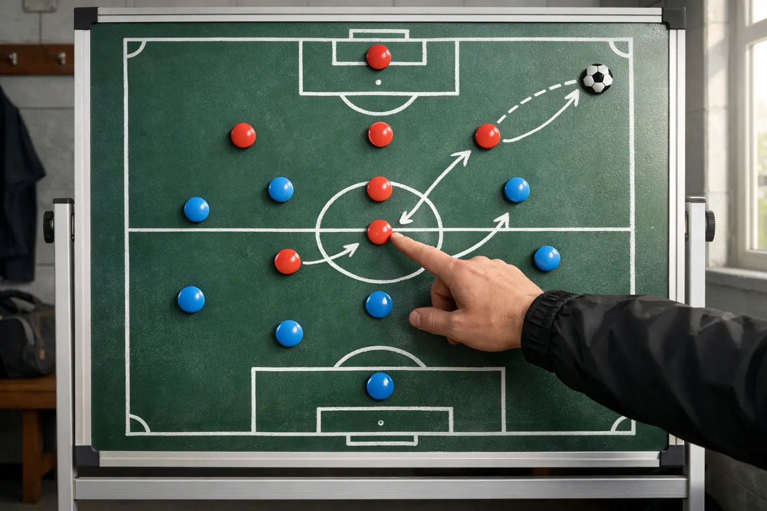 Voetbalstrategie bord met tactieken en pijlen