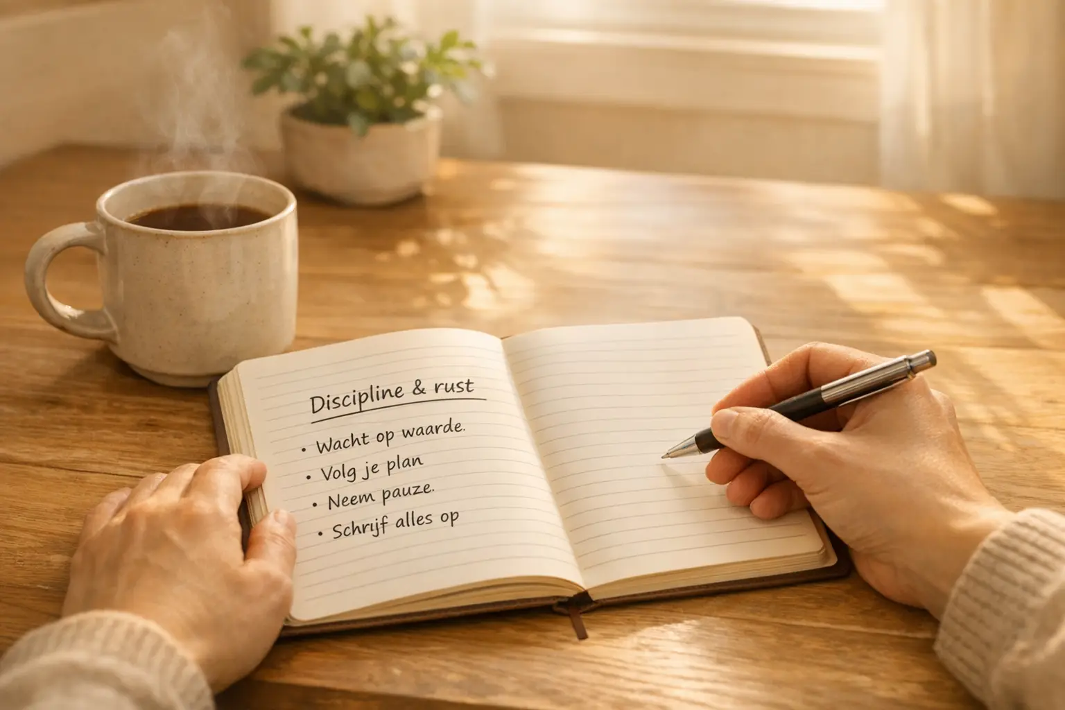 Persoon maakt rustig aantekeningen in notitieboek bij kop koffie