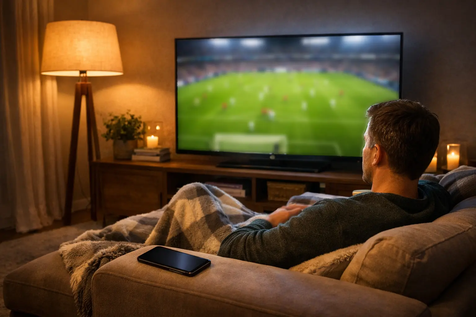 Voetbalfan volgt live wedstrijd op televisie in huiskamer