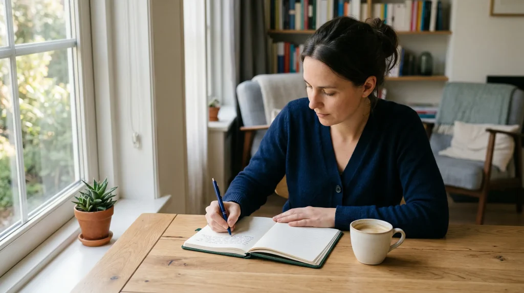 Beeld van een vrouw die in een notitieboekje schrijft