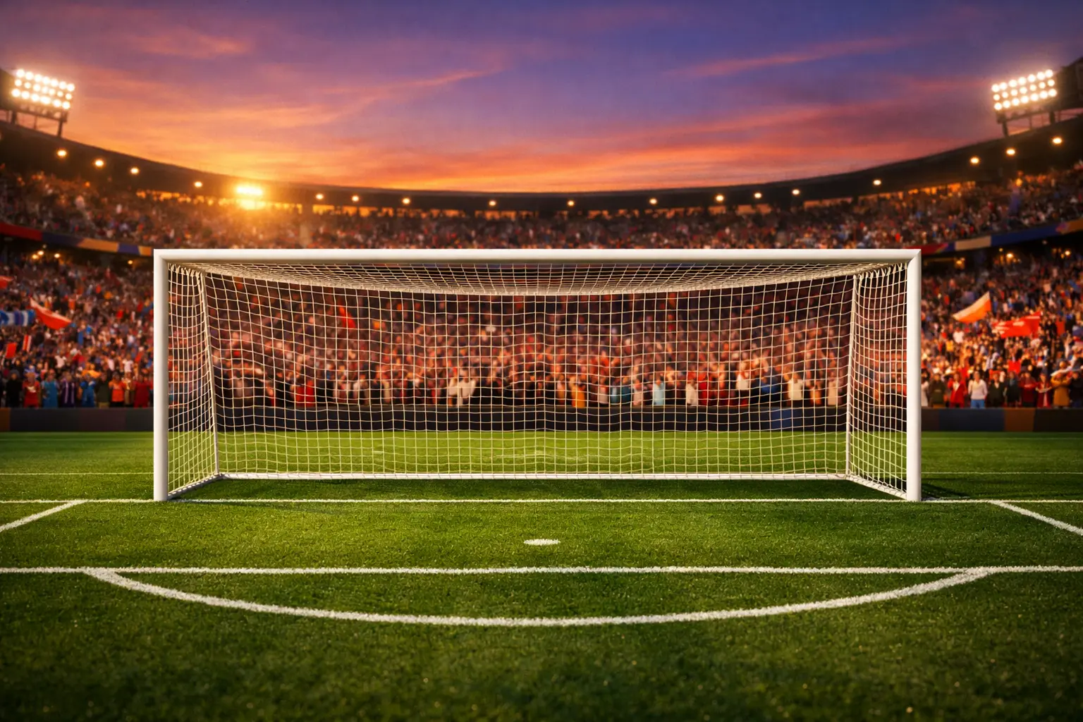 Voetbalstadion bij avondlicht met supporters die een wedstrijd volgen