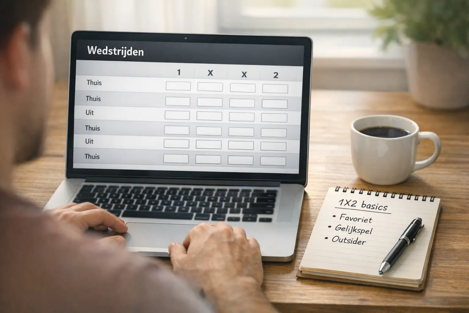 Persoon bestudeert voetbalwedstrijden op laptop met notitieblok ernaast